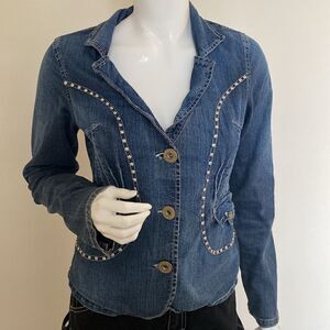 Vintage Oxus Brand Y2K Denim Jean Blazer Jacket w Round Silver Stud Accents